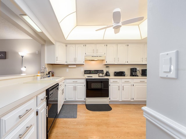 640 Bayway Blvd Unit 302, Clearwater Beach, FL 33767 - kitchen featuring electric stove, under cabinet range hood, dishwasher, and white cabinets