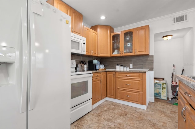kitchen featuring white appliances, glass insert cabinets, decorative backsplash, light stone counters, and recessed lighting