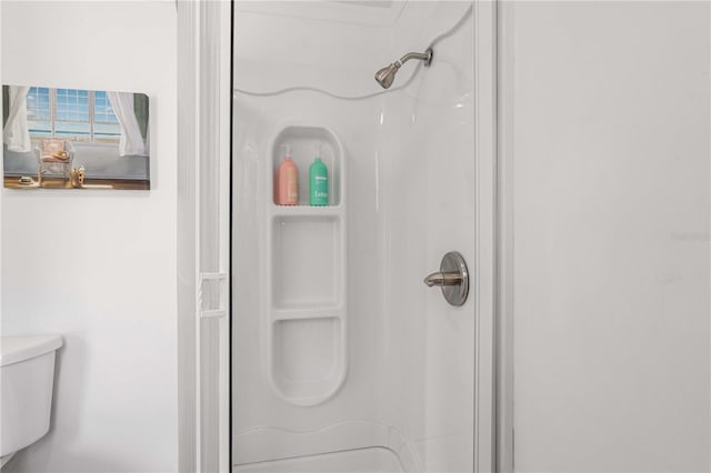 bathroom featuring a stall shower and toilet