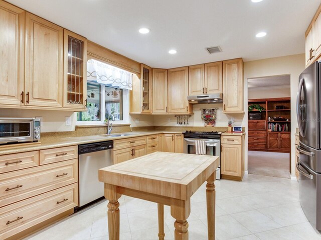 7216 N Mobley Rd, Odessa, FL 33556 - kitchen featuring appliances with stainless steel finishes, under cabinet range hood, light brown cabinets, and recessed lighting