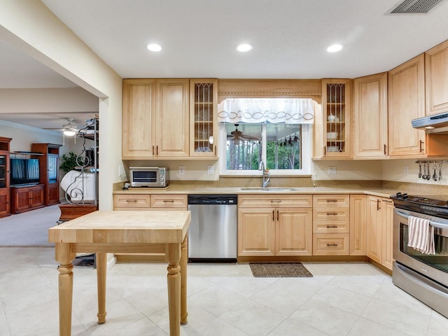 7216 N Mobley Rd, Odessa, FL 33556 - kitchen featuring stainless steel appliances, a sink, a ceiling fan, light countertops, and light brown cabinets