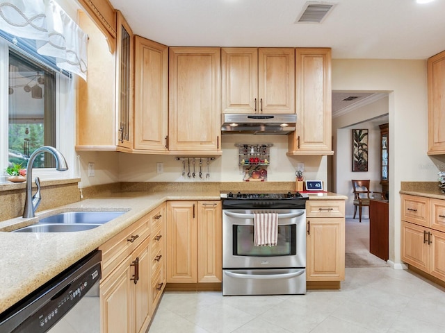 7216 N Mobley Rd, Odessa, FL 33556 - kitchen featuring appliances with stainless steel finishes, a sink, under cabinet range hood, and light brown cabinets