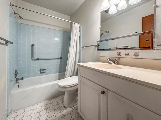 bathroom with shower / bath combo, vanity, toilet, and tile patterned floors