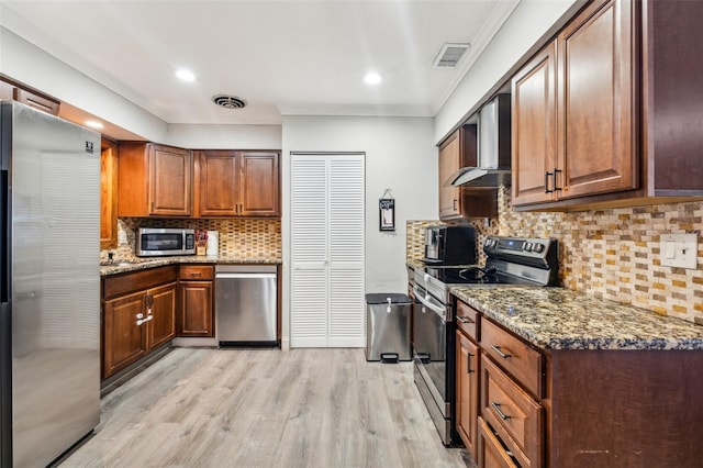 5245 18th St N, Saint Petersburg, FL 33714 - kitchen featuring appliances with stainless steel finishes, wall chimney exhaust hood, dark stone countertops, decorative backsplash, and ornamental molding