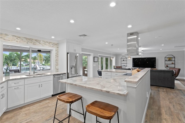 1960 Montana Ave NE, Saint Petersburg, FL 33703 - kitchen featuring a sink, stainless steel appliances, crown molding, island range hood, and light wood-type flooring