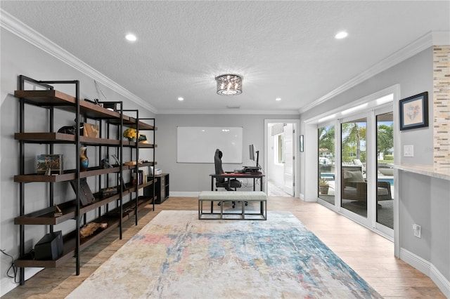 1960 Montana Ave NE, Saint Petersburg, FL 33703 - office area featuring a textured ceiling, light wood-style flooring, recessed lighting, baseboards, and ornamental molding