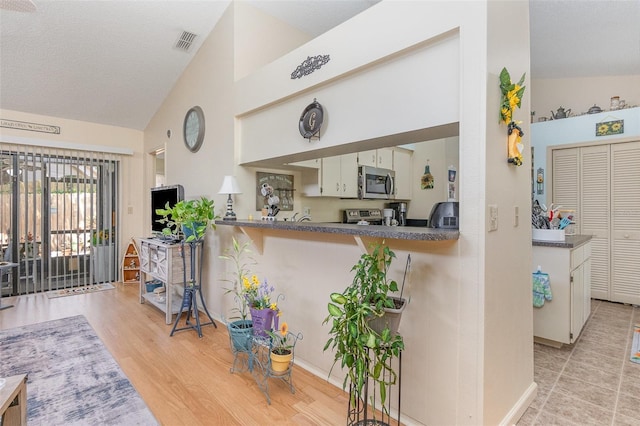 640 Lake Dexter Cir, Winter Haven, FL 33884 - kitchen featuring appliances with stainless steel finishes, high vaulted ceiling, light wood finished floors, dark countertops, and baseboards