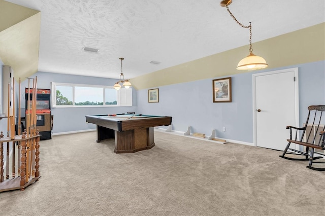13533 Bay Lake Ln, Tampa, FL 33618 - game room with lofted ceiling, baseboards, carpet flooring, billiards table, and a textured ceiling