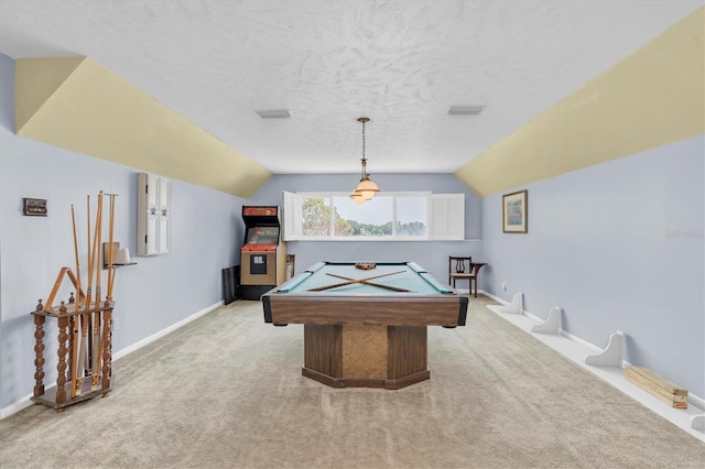 13533 Bay Lake Ln, Tampa, FL 33618 - recreation room featuring light carpet, lofted ceiling, baseboards, billiards, and a textured ceiling