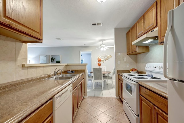1400 Gandy Blvd N Unit 1504, Saint Petersburg, FL 33702 - kitchen with white appliances, a sink, under cabinet range hood, a ceiling fan, and light tile patterned flooring