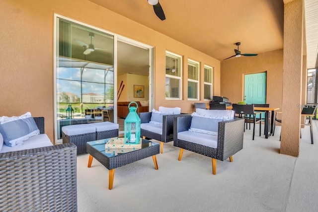 view of patio / terrace featuring a ceiling fan, outdoor lounge area, and outdoor dining space