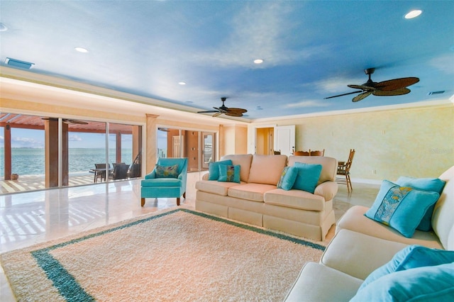 5810 Mariner St, Tampa, FL 33609 - living room with a ceiling fan, a water view, recessed lighting, baseboards, and crown molding