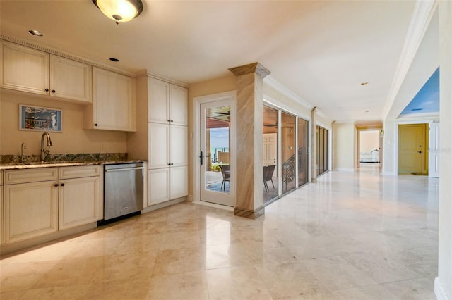 5810 Mariner St, Tampa, FL 33609 - kitchen featuring dishwasher, dark stone counters, a sink, and cream cabinets