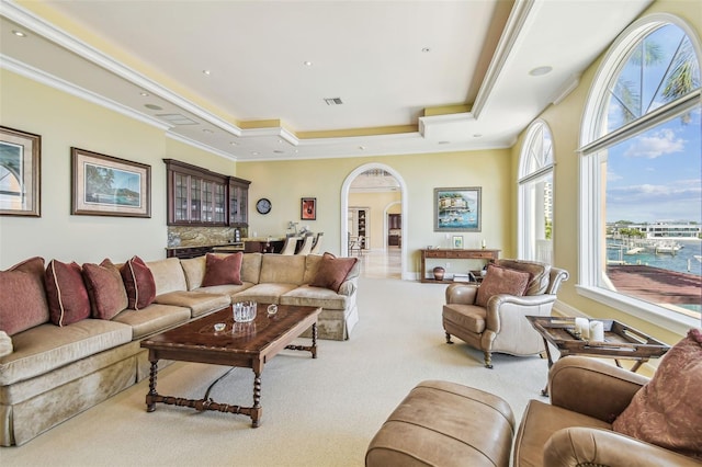 5810 Mariner St, Tampa, FL 33609 - carpeted living area with arched walkways, a raised ceiling, ornamental molding, and a water view