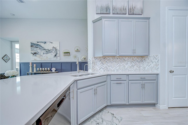kitchen featuring a sink, stainless steel dishwasher, light countertops, and backsplash