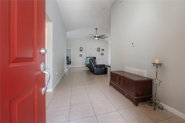 14614 Rannoch Moor Pl, Wimauma, FL 33598 - entrance foyer featuring lofted ceiling, a ceiling fan, and light tile patterned flooring