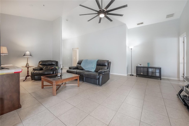 14614 Rannoch Moor Pl, Wimauma, FL 33598 - living room with a ceiling fan, high vaulted ceiling, and light tile patterned floors