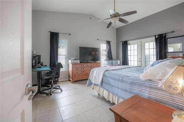 14614 Rannoch Moor Pl, Wimauma, FL 33598 - bedroom featuring multiple windows, light tile patterned flooring, french doors, an office area, and high vaulted ceiling