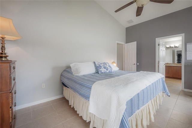 14614 Rannoch Moor Pl, Wimauma, FL 33598 - bedroom featuring light tile patterned floors, high vaulted ceiling, ceiling fan, and connected bathroom