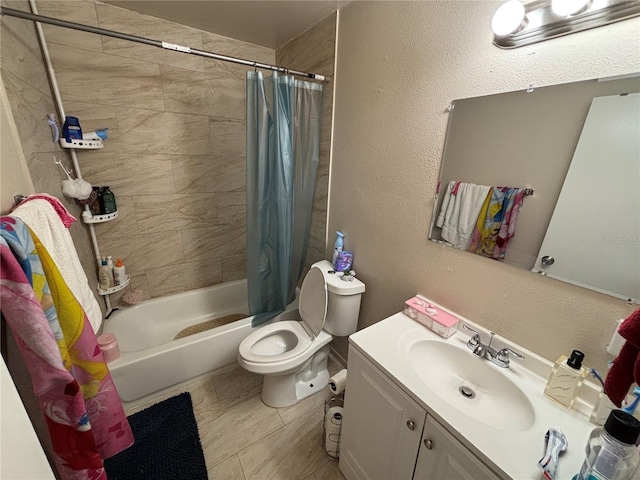5901 E Gibson Ave, Tampa, FL 33617 - bathroom featuring shower / bath combination with curtain, vanity, toilet, and a textured wall