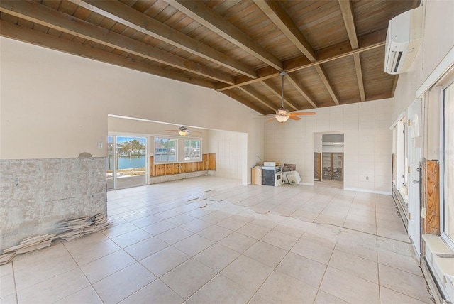 365 La Hacienda Dr, Indian Rocks Beach, FL 33785 - unfurnished living room with wooden ceiling, high vaulted ceiling, light tile patterned floors, ceiling fan, and beam ceiling