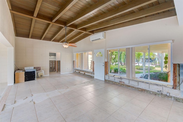365 La Hacienda Dr, Indian Rocks Beach, FL 33785 - unfurnished living room with a wall mounted air conditioner, wooden ceiling, ceiling fan, tile patterned flooring, and high vaulted ceiling