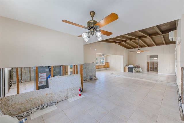 365 La Hacienda Dr, Indian Rocks Beach, FL 33785 - unfurnished living room with a ceiling fan, wood ceiling, tile patterned floors, beamed ceiling, and a wall unit AC