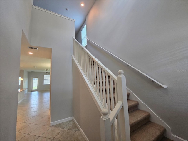 1022 Oliveto Verdi Ct, Brandon, FL 33511 - staircase with tile patterned flooring, a ceiling fan, recessed lighting, and baseboards
