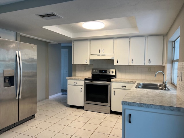 kitchen with appliances with stainless steel finishes, a sink, under cabinet range hood, and a raised ceiling