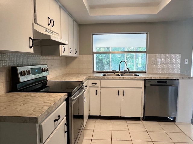 kitchen featuring stainless steel appliances, under cabinet range hood, a sink, a raised ceiling, and light countertops