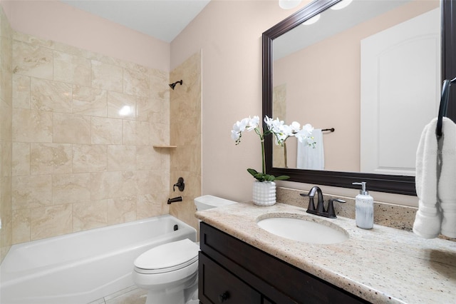 full bath featuring toilet, vanity, and shower / tub combination