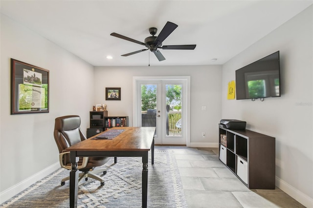 office area featuring french doors, baseboards, ceiling fan, and recessed lighting