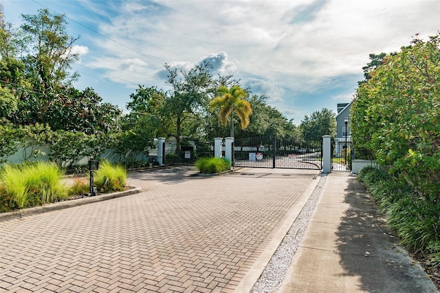 view of decorative road with a gate, curbs, and a gated entry
