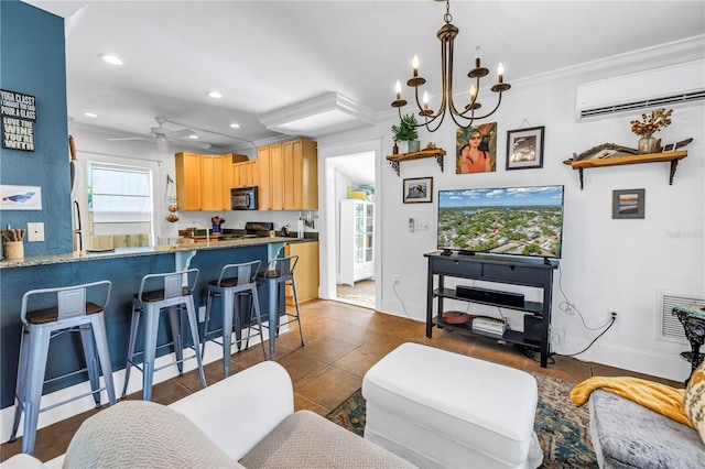 1038 Crescent Lake Dr N, Saint Petersburg, FL 33701 - living area featuring a wall mounted AC, recessed lighting, healthy amount of natural light, ornamental molding, and a chandelier