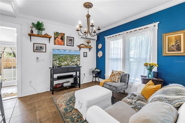 1038 Crescent Lake Dr N, Saint Petersburg, FL 33701 - tiled living room featuring a chandelier, ornamental molding, and baseboards
