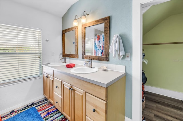 1038 Crescent Lake Dr N, Saint Petersburg, FL 33701 - full bathroom with lofted ceiling, double vanity, wood finished floors, and baseboards
