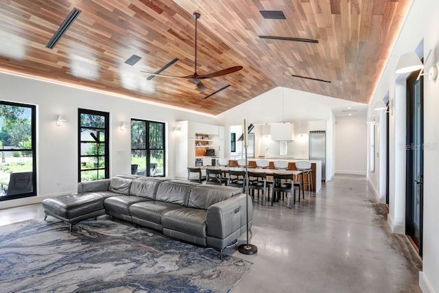 living area with wooden ceiling, plenty of natural light, concrete floors, lofted ceiling, and baseboards
