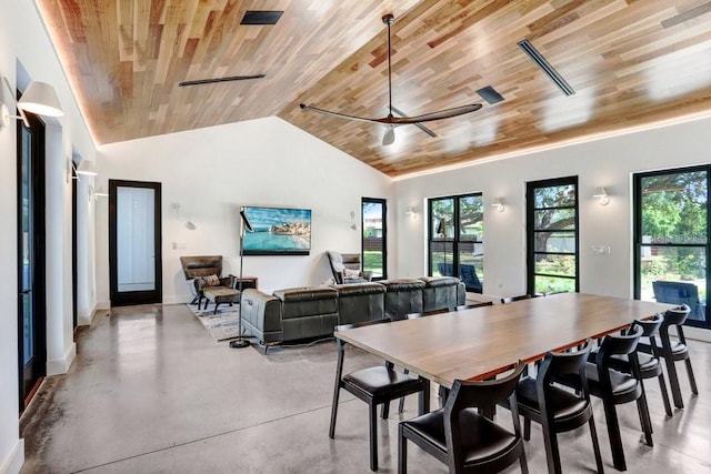 dining space with wooden ceiling, finished concrete floors, lofted ceiling, baseboards, and a ceiling fan