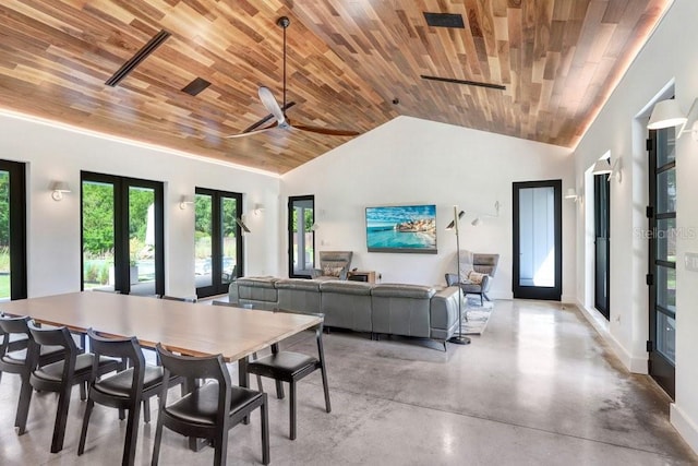 dining space with wooden ceiling, french doors, finished concrete flooring, lofted ceiling, and ceiling fan