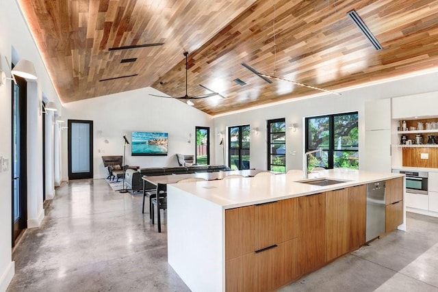 kitchen with modern cabinets, wood ceiling, finished concrete floors, appliances with stainless steel finishes, and open floor plan