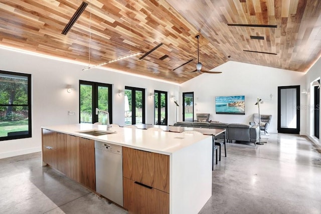 kitchen with wood ceiling, dishwashing machine, modern cabinets, a sink, and concrete flooring