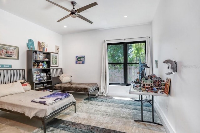 bedroom featuring recessed lighting, baseboards, and a ceiling fan