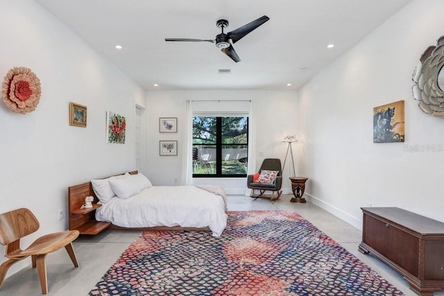 bedroom featuring recessed lighting, a ceiling fan, and baseboards