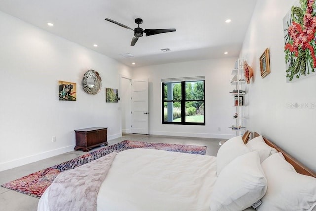 bedroom with recessed lighting, baseboards, and a ceiling fan