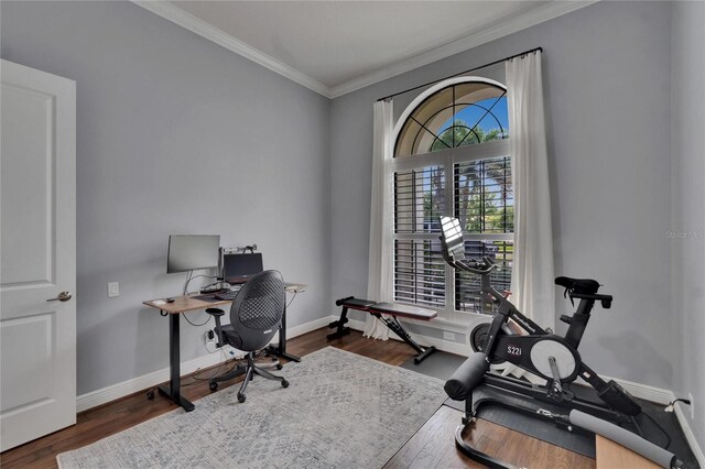 office space featuring crown molding, baseboards, and wood finished floors