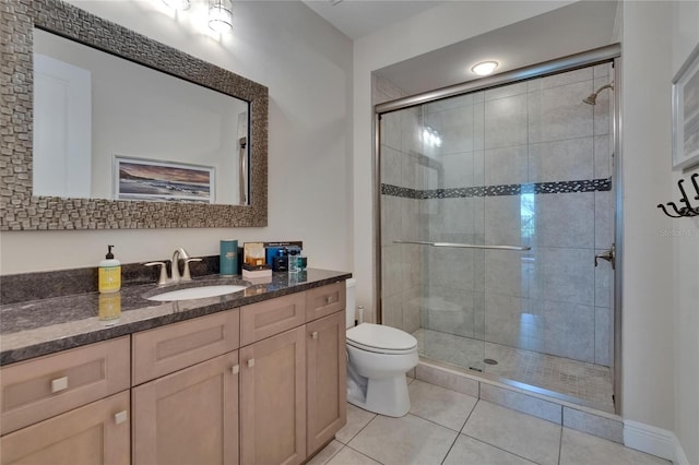 bathroom with tile patterned flooring, toilet, a stall shower, and vanity