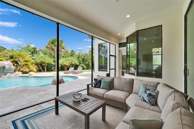 tiled living area with recessed lighting
