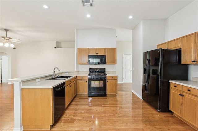 10150 Heather Sound Dr, Tampa, FL 33647 - kitchen featuring black appliances, a sink, a peninsula, ceiling fan, and light wood finished floors