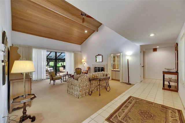 29903 Baywood Ln, Wesley Chapel, FL 33543 - living room with light carpet, high vaulted ceiling, light tile patterned floors, recessed lighting, and beam ceiling