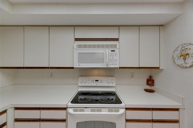 29903 Baywood Ln, Wesley Chapel, FL 33543 - kitchen featuring white appliances, light countertops, and white cabinets